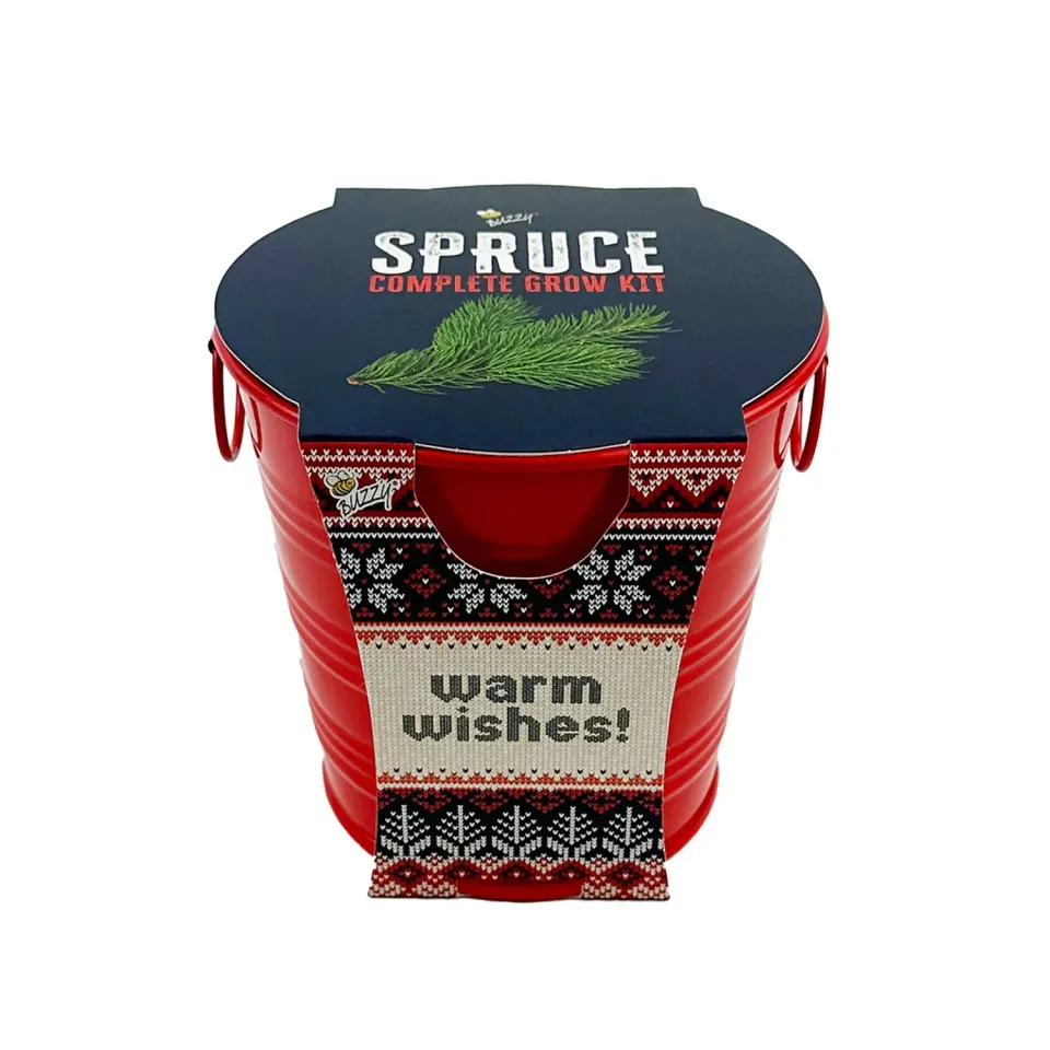 Buzzy Seeds Warm Wishes Holiday Pail dyrkningssæt rødgran
